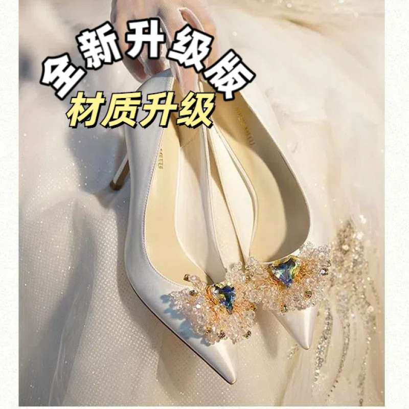 White pointed satin wedding shoes bridal shoes French rhinestone high heels women's high sense