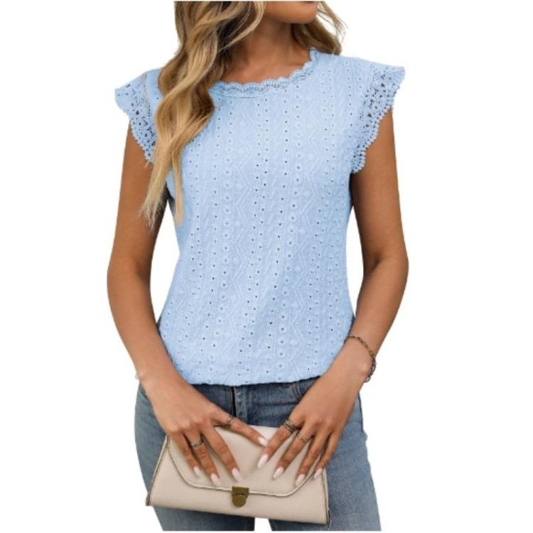 Summer Casual T Shirt Women Solid Color Lace Hollow Out Short Sleeve Shirt