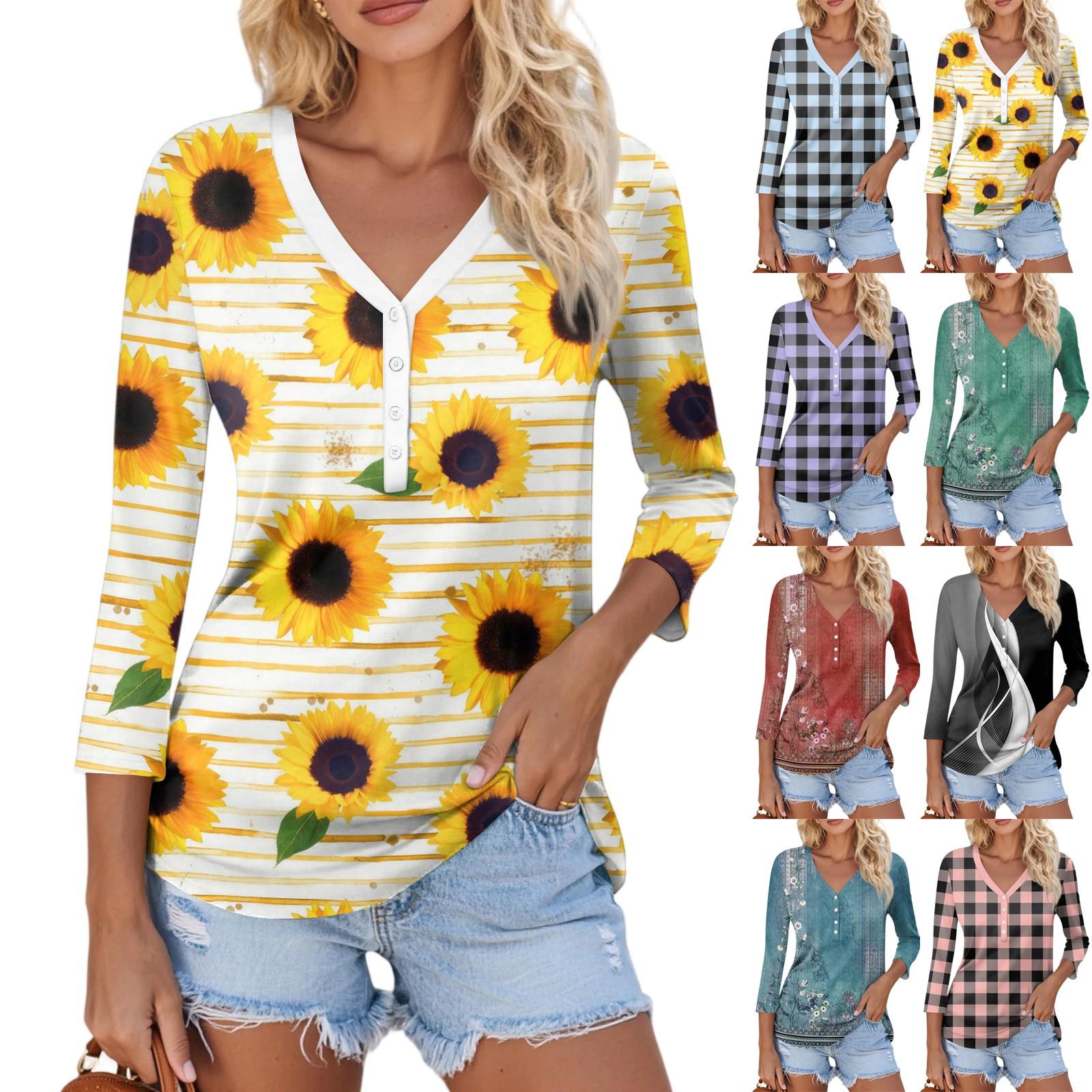 

Women s Casual Fashion Sexy Comfortable V-Neck Button Floral Three-quarter Sleeve Top XXL
