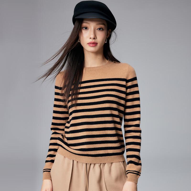 Luxury 100% Cashmere Striped Jacquard Crew Neck Sweater
