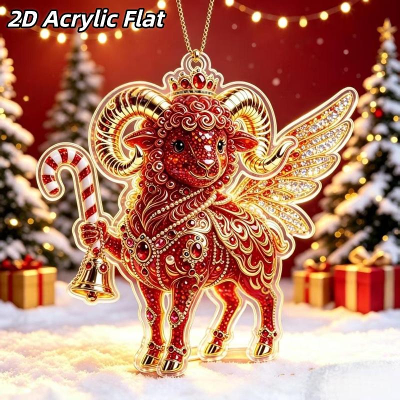 2D Acryl Sternzeichen Steinbock Weihnachtsbaum Anhänger Glücksbringendes Rot-Gold Design Für Rückspiegel Neujahr Hausdekoration