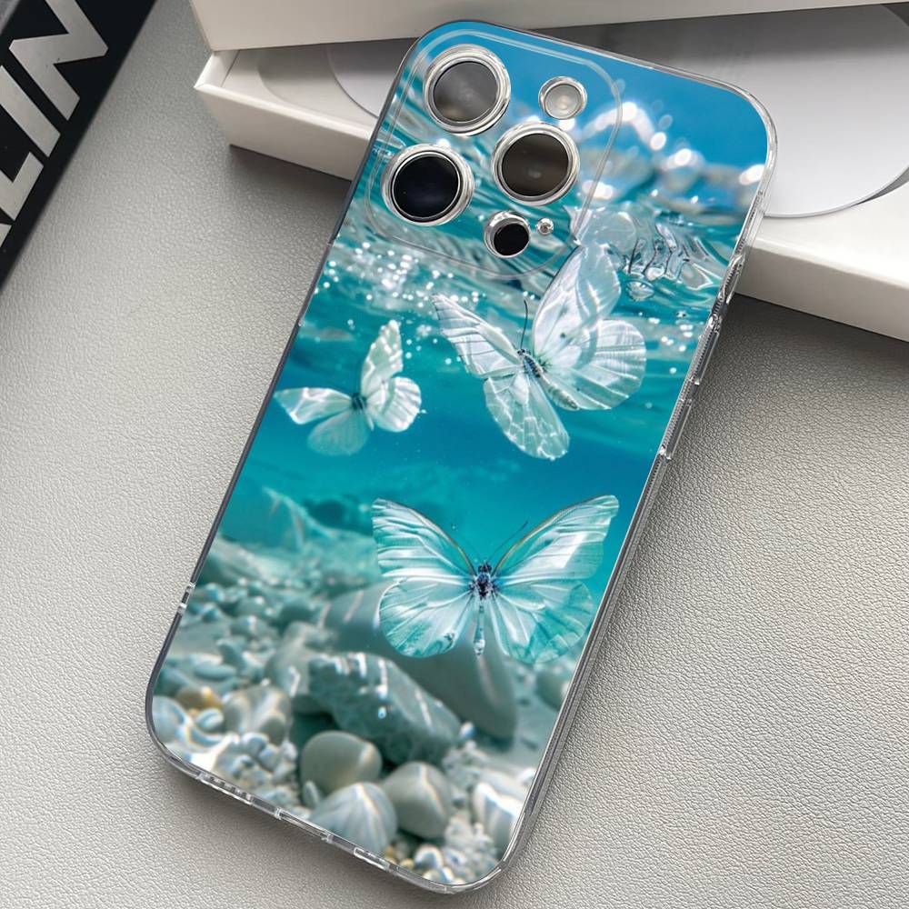 Blue Butterfly Ocean Waves Phone Case For iPhone 17 15 14 13 11 12 16 Pro Max Plus Mini Transparent Silicone Soft Funda