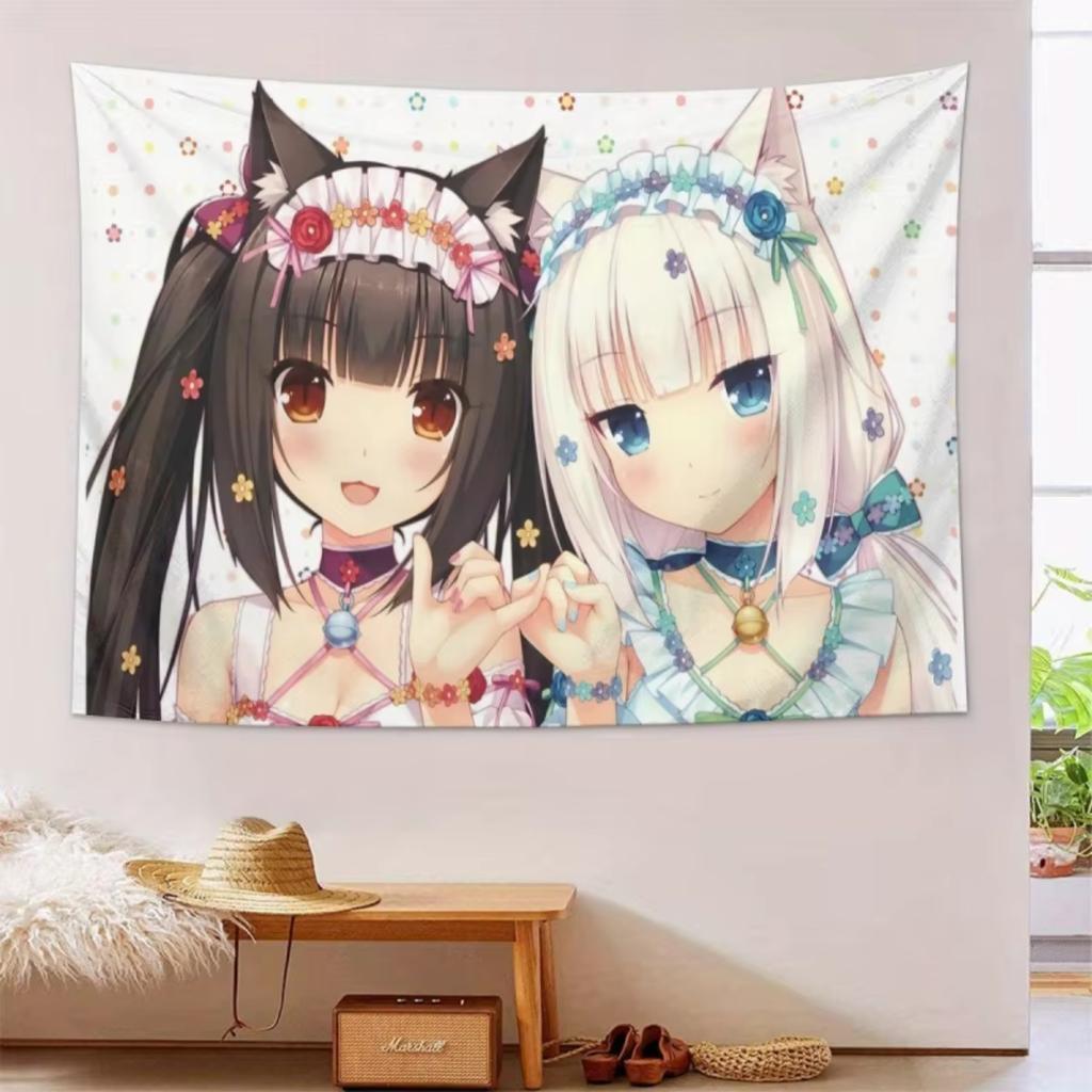 VIKAMA Nekopara Chocola Vanilla Tapestry Anime Cat Ear Girl Wall Hanging for Girls Bedroom Dorm Decor