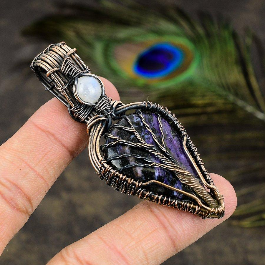 Russian Charoite, Moonstone Copper Wire Wrap Jewelry Pendant 2.76" i2f42