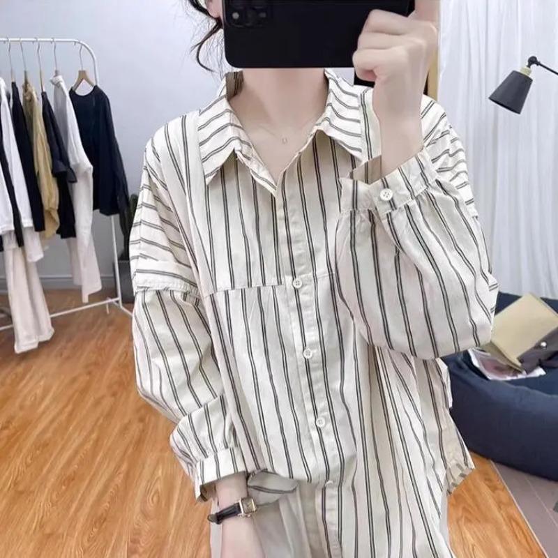 Women's White Blue Striped Turn-Down Collar Long Sleeve Loose Fit Casual Blouse