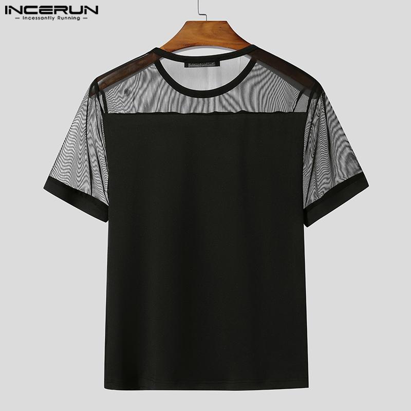 INCERUN Men Short Sleeve Mesh Sheer Patchwork Fitted T-shirts