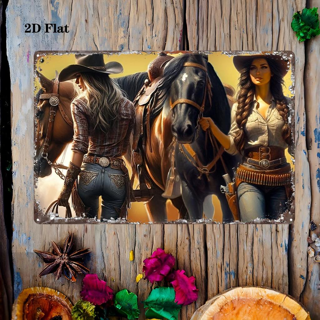 Western Cowboy Cowgirl Horse Metal Sign 12x8 Inch