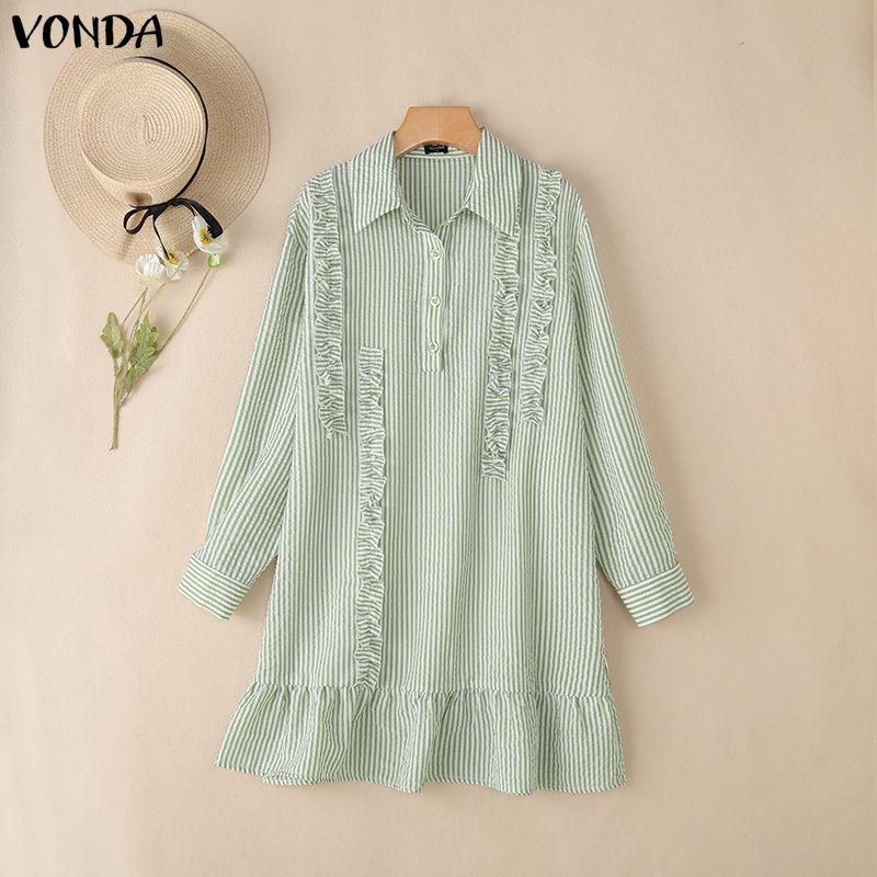 VONDA Women Casual Loose Turn Down Collar Long Sleeve Striped Ruffled Shirt Dress