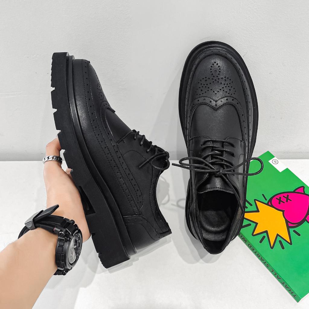 Men's leather shoes cowhide dress trendy shoes black versatile casual business Korean version trendy British Block engraved men's shoes