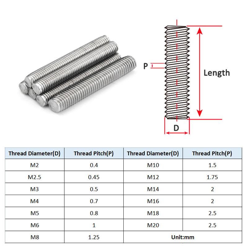 M2 M2.5 M3 M4 M5 M6 304 Stainless Steel Full Thread Rod Screw Rod Headless Bolt Thread Full-Thread Bar Stud Length 16mm - 500mm