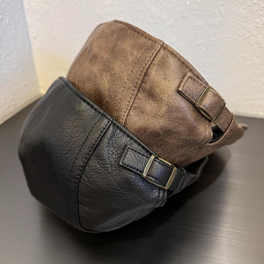 American Retro PULeather Plain Baker Beret Hat for Women Autumn Winter Unisex Beret Newsboy Cap Thicken Warm Duckbill Peaked Cap