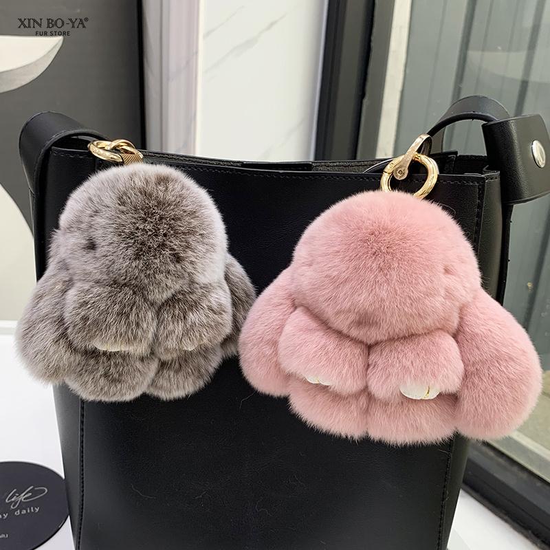 Mini Cute Real Rex Rabbit Fur Bunny Keychain Toy Doll Keyring Tote Bag Charm 10CM Fur Rabbit Keychain Car Bag Pendant