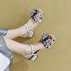 Fashion Women's new summer crystal bow leather cowhide breathable open toe loose grip princess style square toe sandals