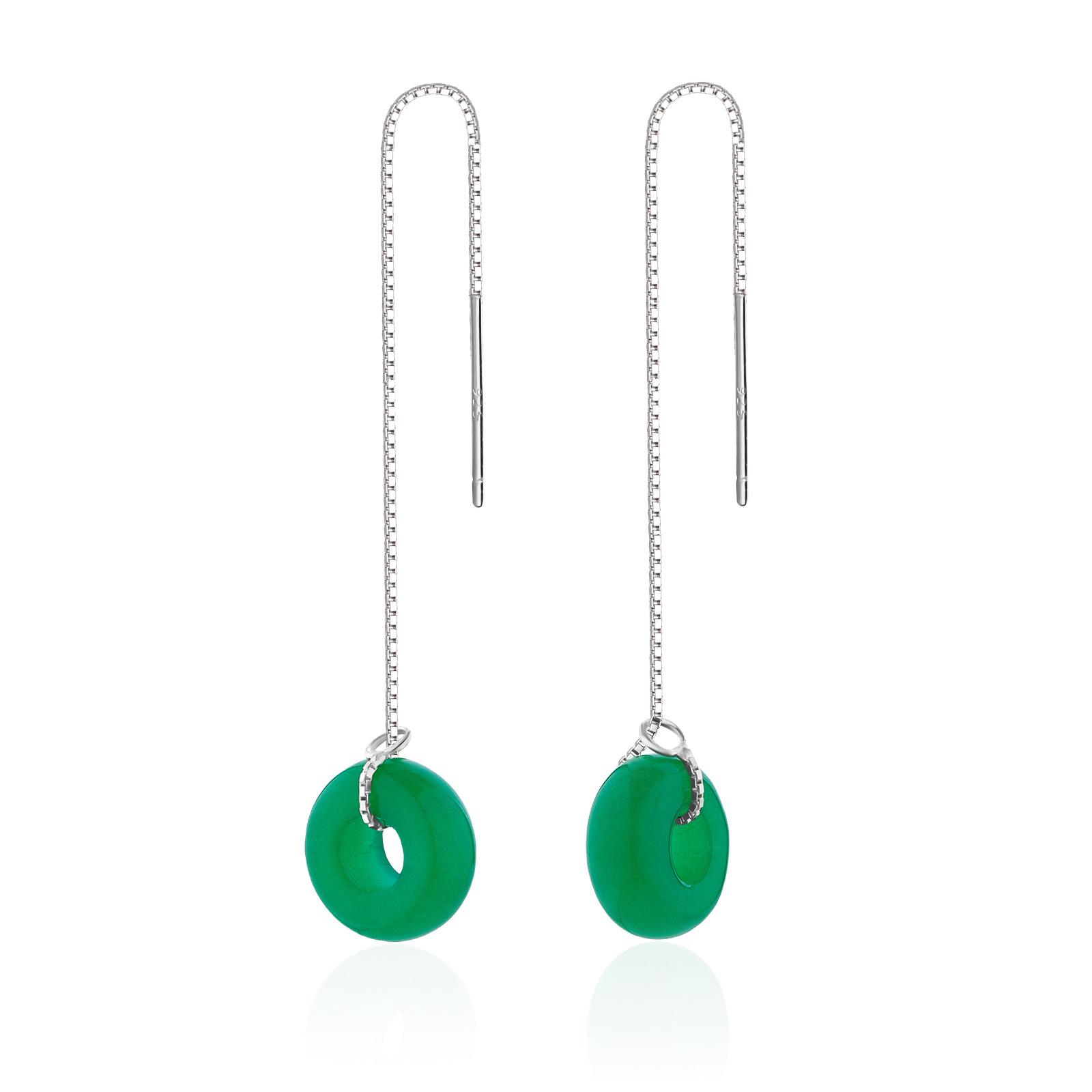 S925 Sterling Silver Long Tassel Ear Thread, New Chinese Style Retro Green Chalcedony Dangle Earrings