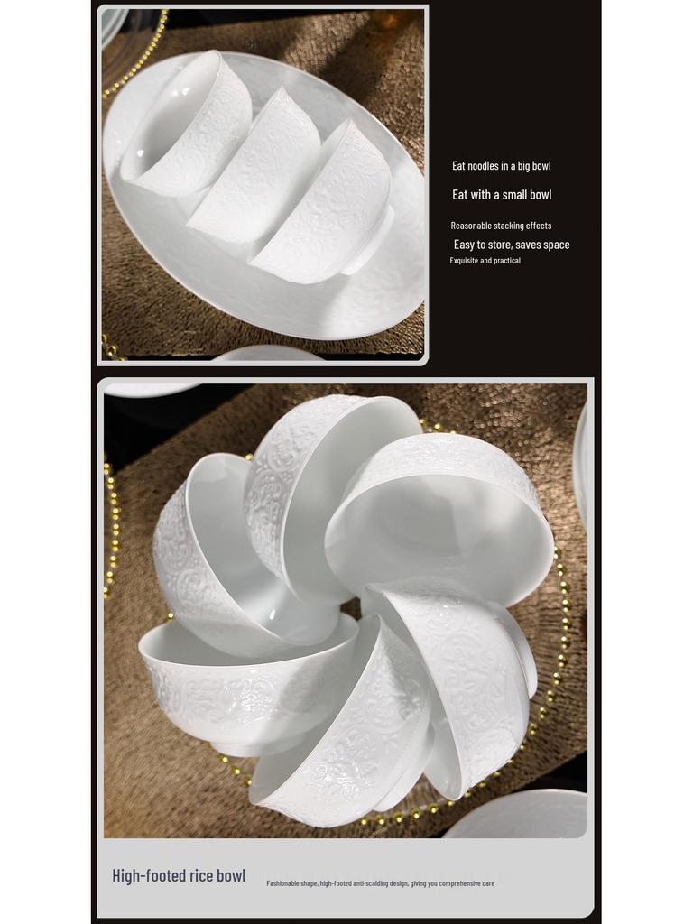 High-End Light Luxury Relief Porcelain Dinnerware Set - Simple White Design