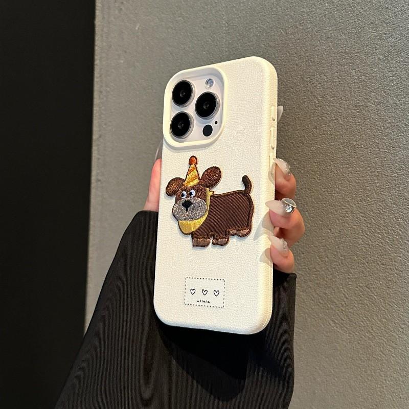 Cartoon Embroidered Dog Phone Case IPhone 16 15 Pro Max 14 13 Mini - White Full Cover Silicone Anti-Drop