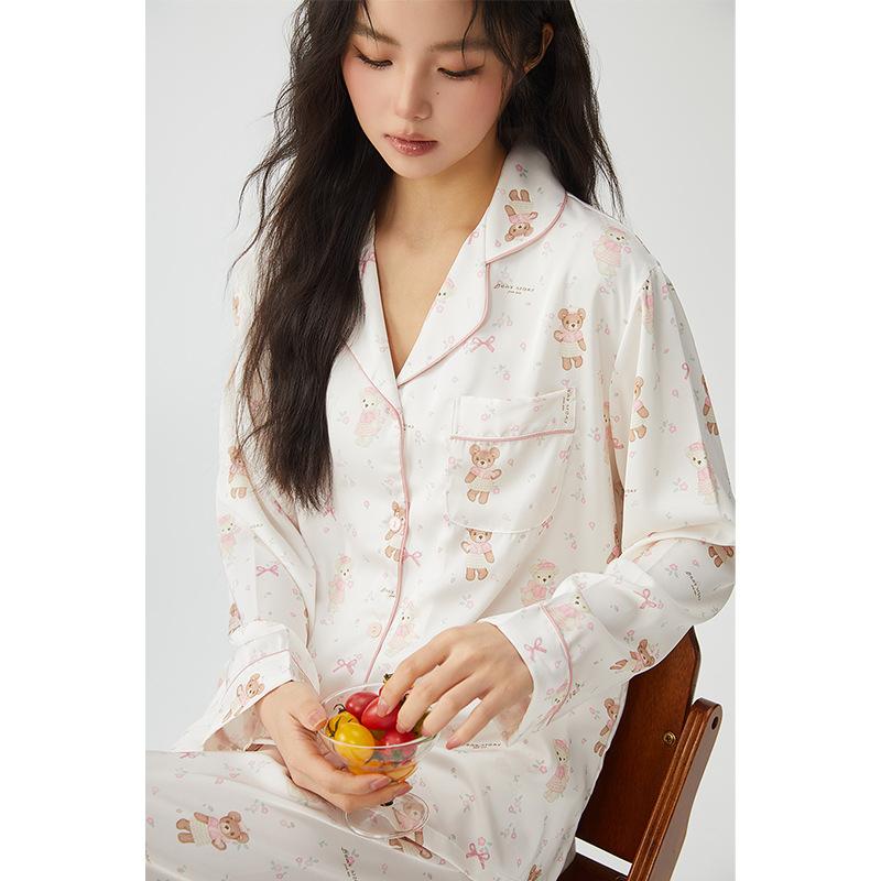 Pajamas Women's Spring 11 Ice Silk Bow Bear Pink Women's Thin Loungewear Summer One