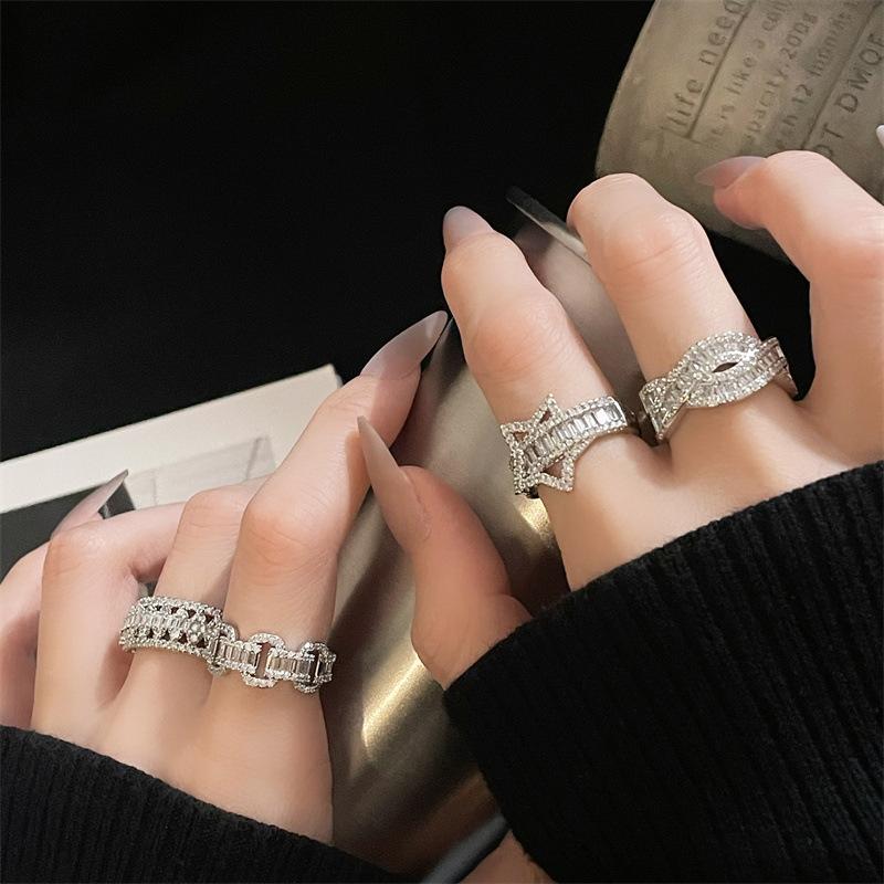 Zircon T Square Full Diamond Opening Ring Horseshoe Star Exquisite High-End Isn'T The Wind Super Flash Ring Woman