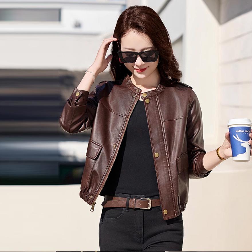 

Модная куртка-локомотив из кожи женская весенне-осенняя новая повседневная простая короткая с круглым вырезом эластичной талией куртка из ПУ кожи XXL