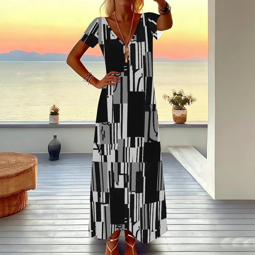 Women Plus Size Short Sleeve V Neck Maxi Dress Warm Camel Leopard Print Loose Summer Vacation Long Dress