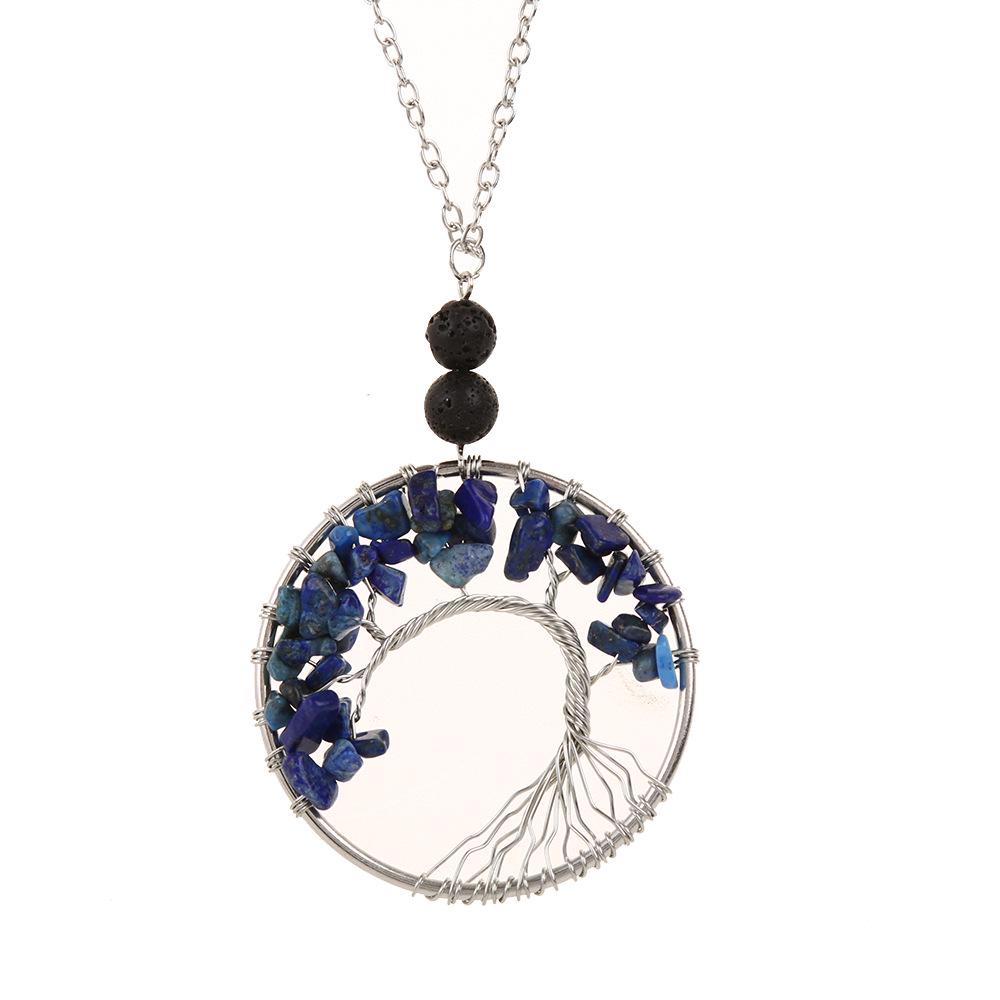 Natural Stone Agate Tree of Life Necklace with Crystal Volcanic Rock