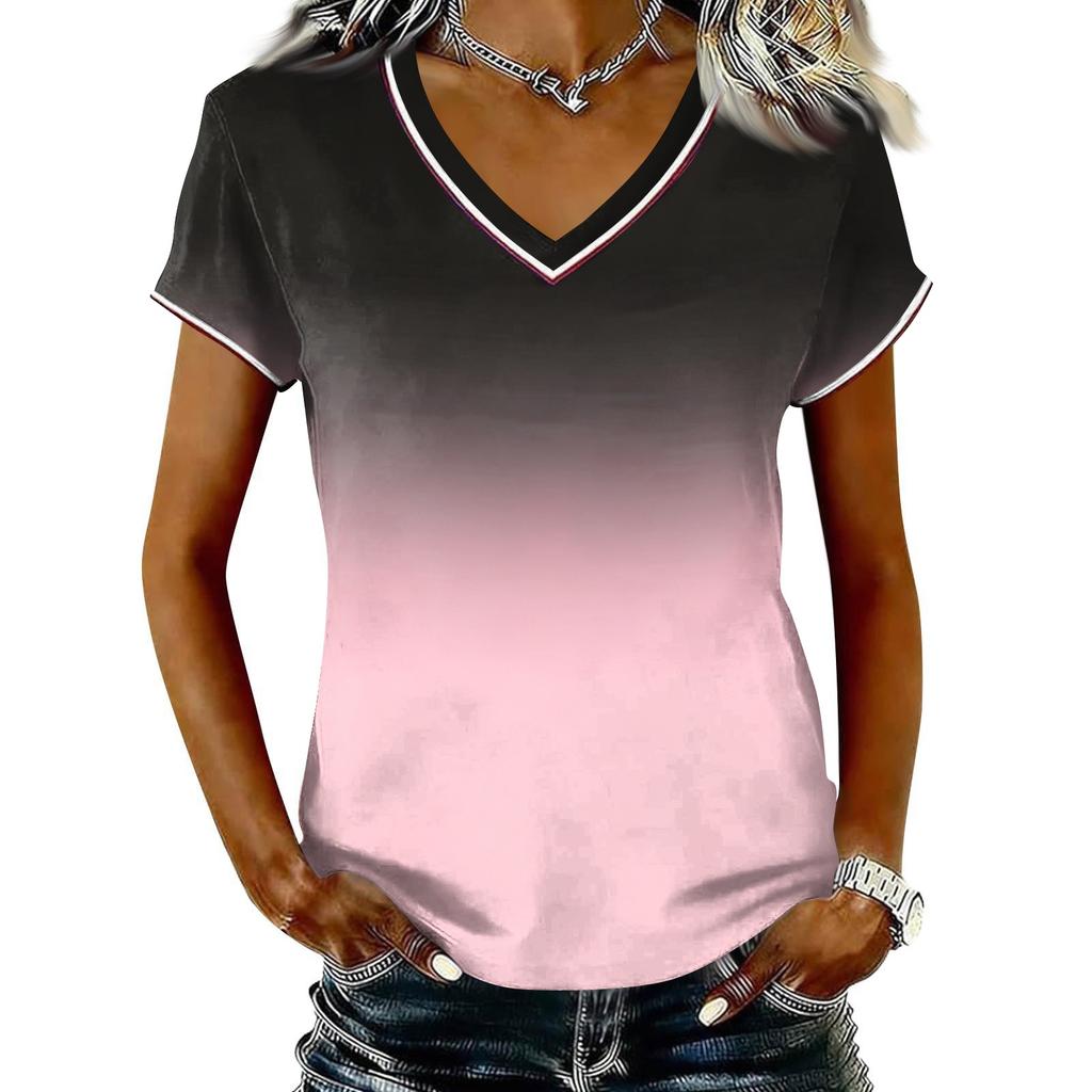 Camiseta Casual de Mujer con Cuello en V y Manga Corta, Jersey con Estampado Degradado, Tejido Ligero y Suave, Ajuste Cómodo
