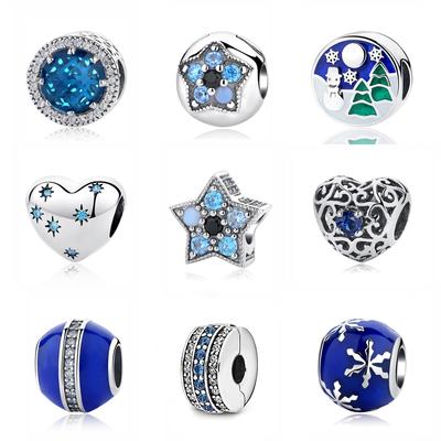 Original 925 Sterling Silver Charm Bead Blue Stars Love Heart Pendant Spacer Cilp Fit Fashion Bracelets Women Diy Jewelry