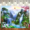 Chinese Feng Shui Waterfall Mountain Backdrop, Lucky Koi & Pine Tree Photography Background