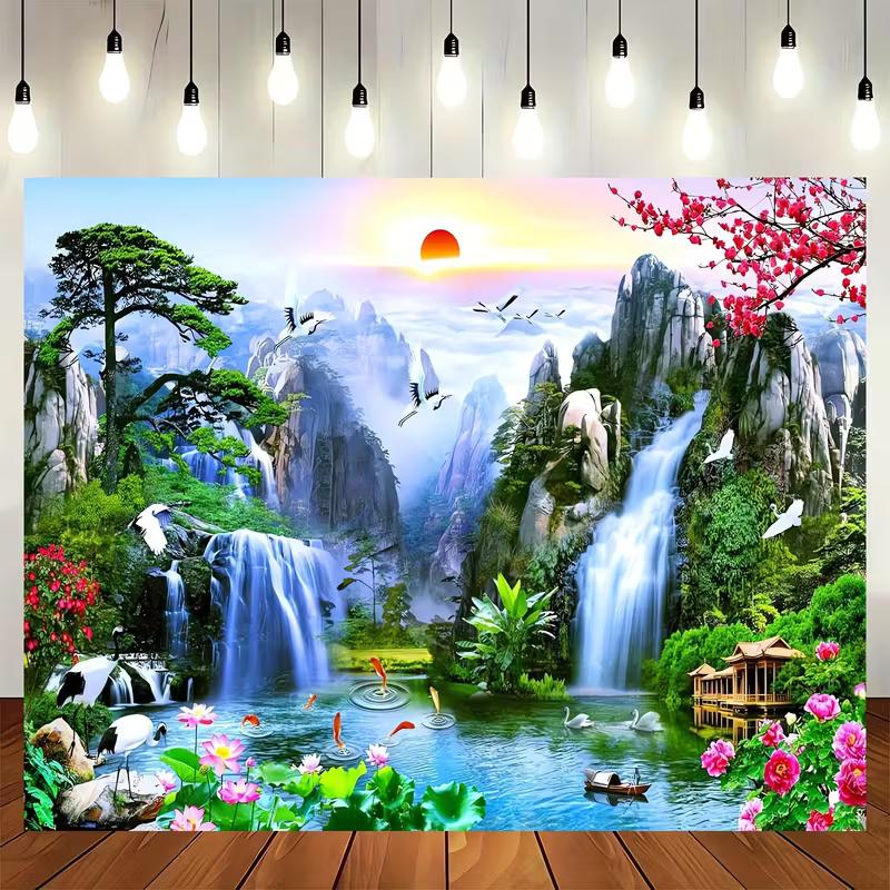 Chinese Feng Shui Waterfall Mountain Backdrop, Lucky Koi & Pine Tree Photography Background