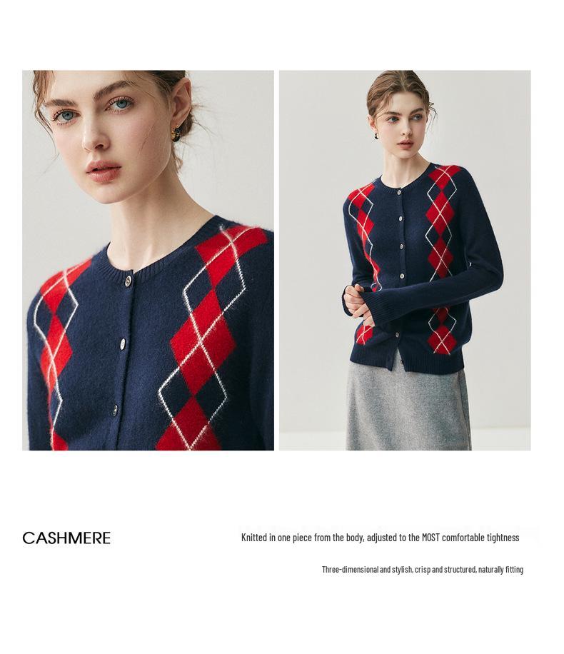 2026 Autumn/Winter Women's Cashmere Cardigan: Round Neck, Diamond Pattern, Contrast Color Knit Wool Sweater Coat