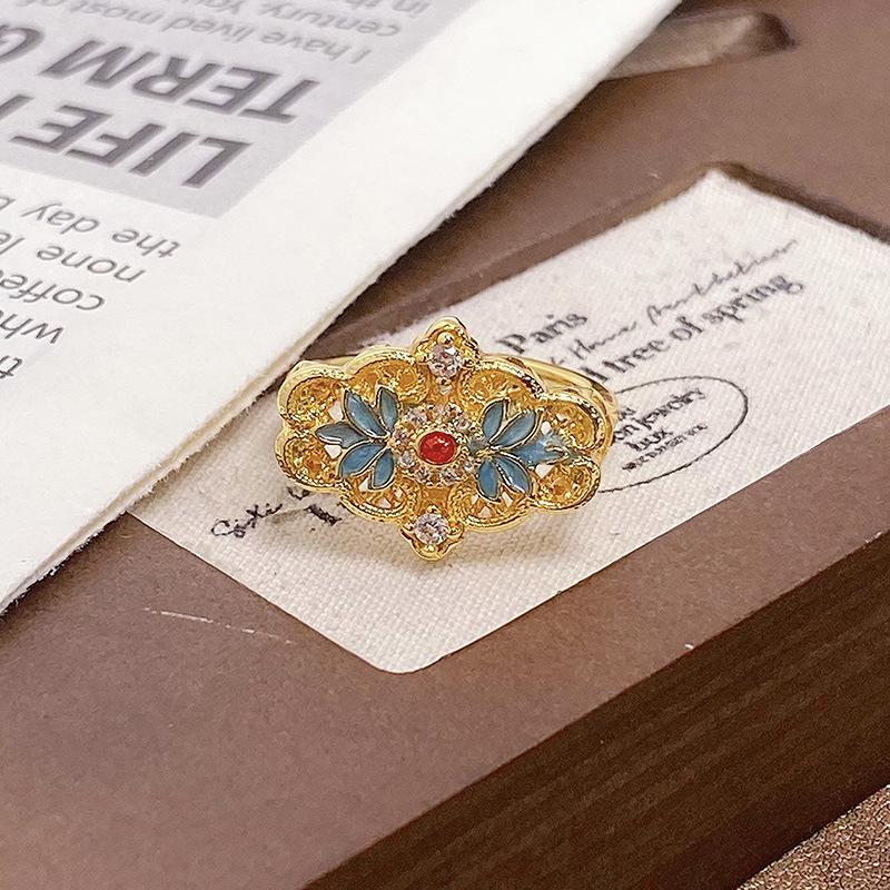 Medieval Personalized Retro Enamel Dripping Oil Inlaid Zir*****Pening Ring Niche Light Luxury High-End Ring Woman