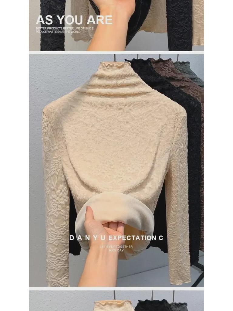 Damen-Unterhemd aus Samt und Spitze in Übergröße – warmes Netzoberteil mit halbhohem Kragen für Herbst/Winter 2024