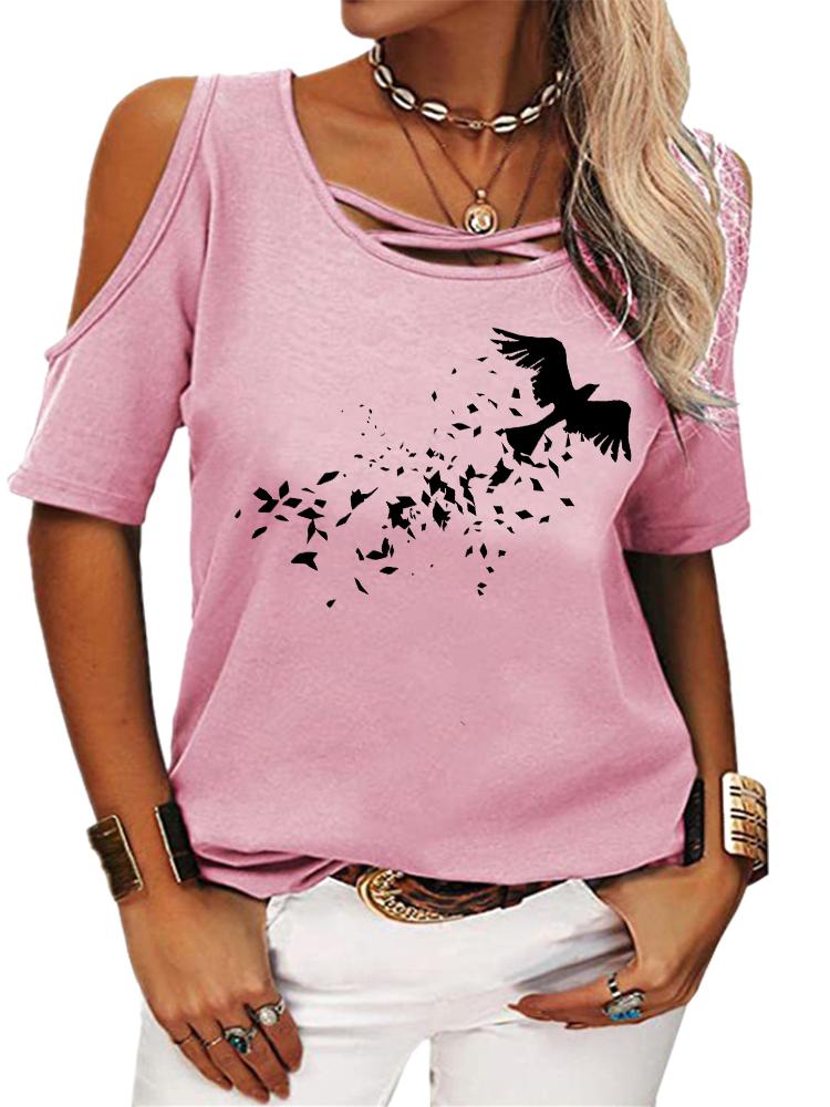 Women Casual Short Sleeve Shirt Summer O Neck T-shirt Ladies Fashion Print Off Shoulder Top