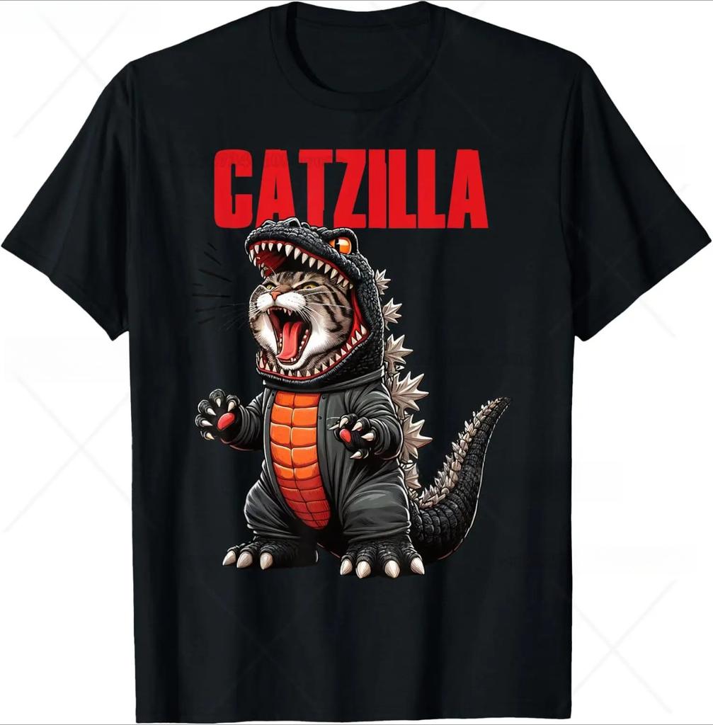 Funny Cartoon Comic Style Japanese Art Catzilla Cat Gifts for Women TShirt Unisex Cotton Oneck Tee Top Fashion Fitness T Shirt