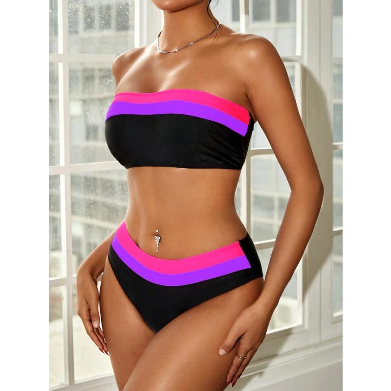 Sexy Bandeau Bikini 2025 Women Black Patchwork Striped Push Up High Waist Swimsuit Summer Bathing Suit 2 Piece Swimwear Biquini