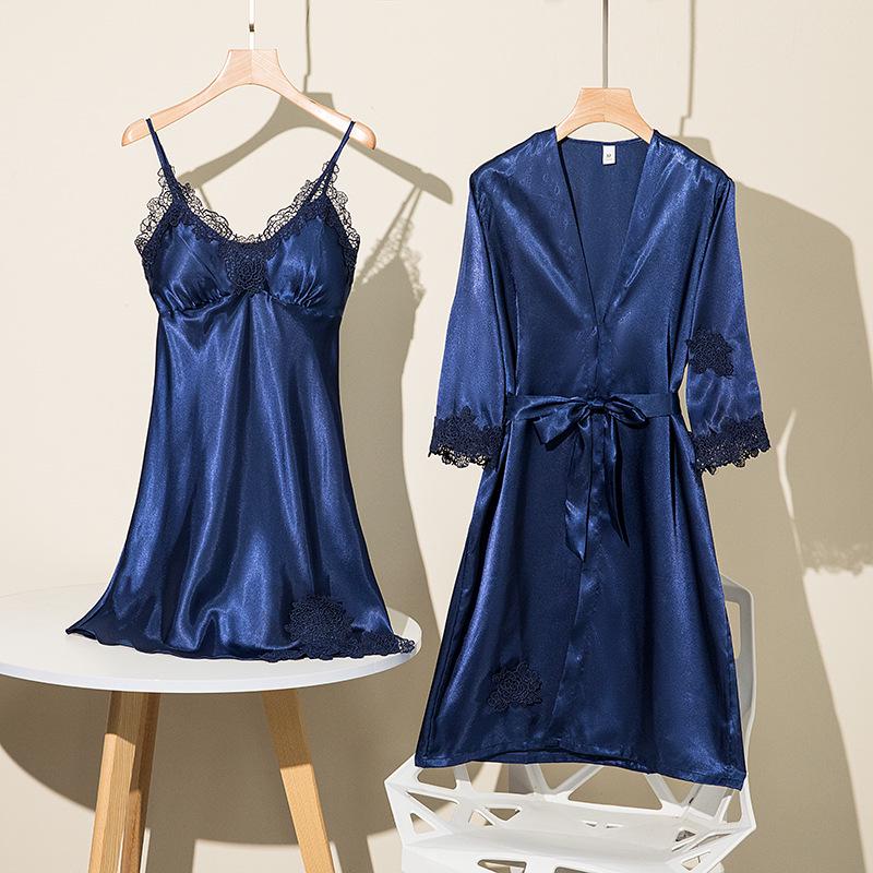 Women's Five-Piece Silk Pajama Set - Sensual Padded Nightdress and Battleship Print for Spring & Summer
