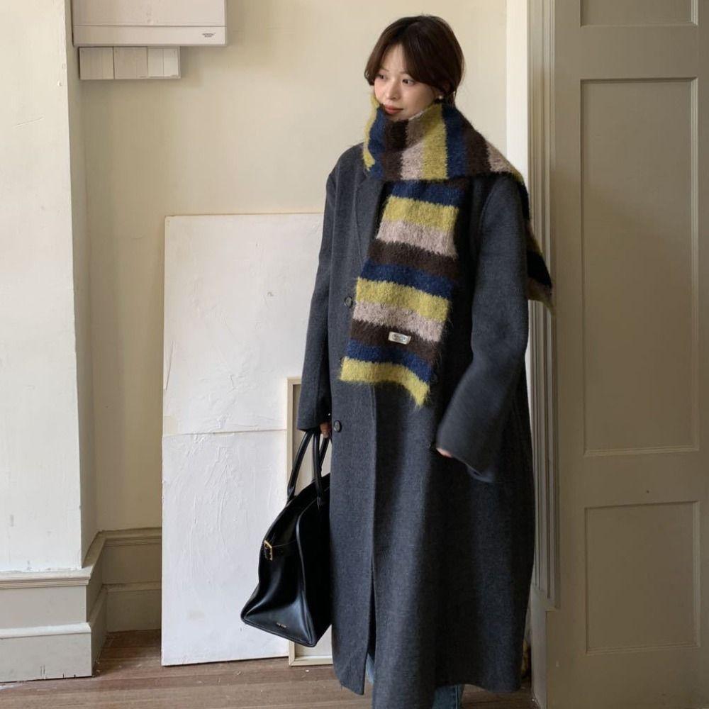 Preppy Style Stripe Scarf Plush Knitted Shawl Simple Plaid Wool Scarf  Girl