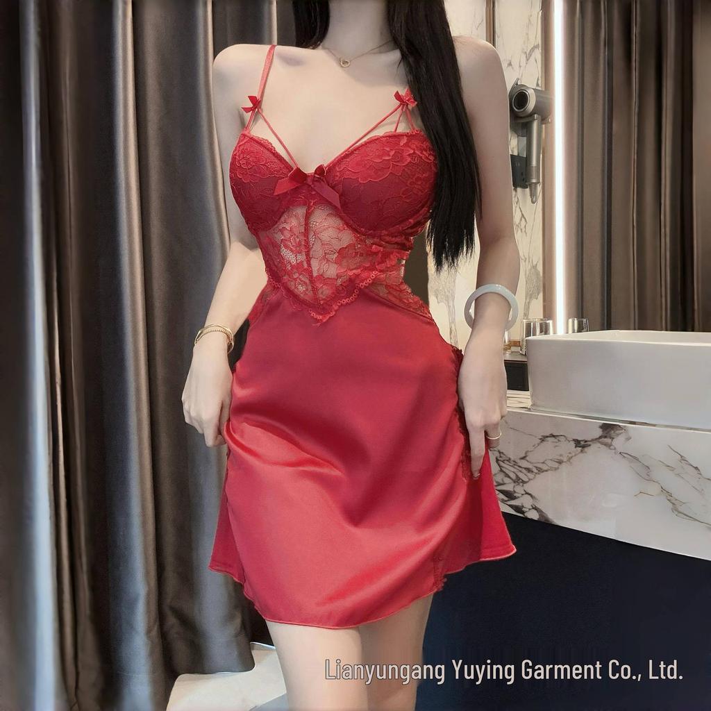 Women's Sexy Lace Nightgown & Robe Set with Spaghetti Straps and Bra Pads