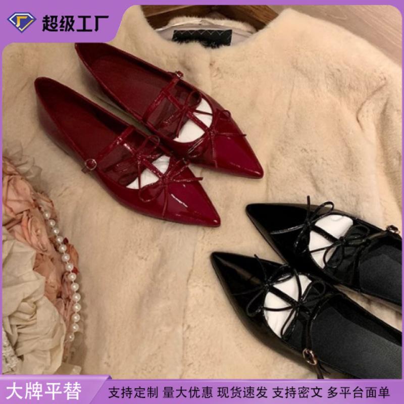 Yuanlitong pointed single shoes women's 2025 bow shallow mouth flat Mary Jane shoes retro red temperament banquet shoes