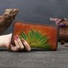 Flower Genuine Leather Wallet, Ethnic Style Long Embossed Zipper, Women's Hand Holding, Baotou Layer, Cowhide Hair Replacement, Double Zipper