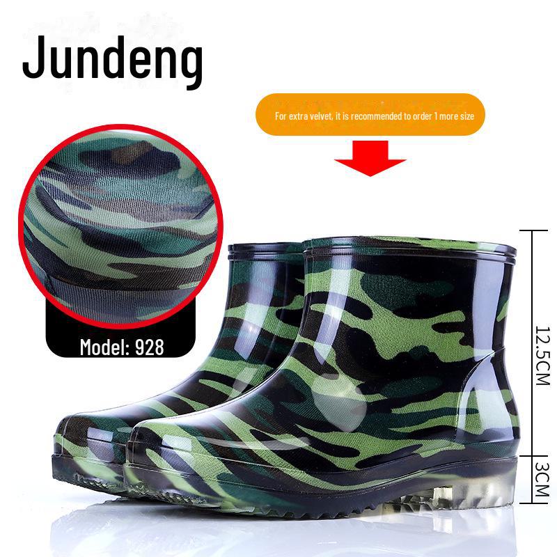 Men's Camouflage Waterproof Rain Boots with Velvet Lining - High/Mid/Short-Top Rubber Shoes for Construction, Kitchen, and Fishing