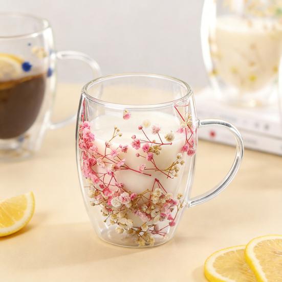 1/2Pcs 350ML Dries Flower Double Wall Mug Insulated Coffee Cup with Handle Espresso Latte Cappuccino Milk Juice Tea Water Drinking Cup