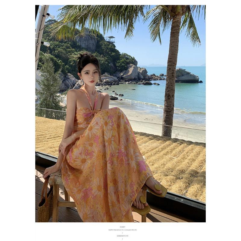 Damen Sommer Strand Urlaub Bedrucktes Chiffon Rückenfreies Neckholderkleid