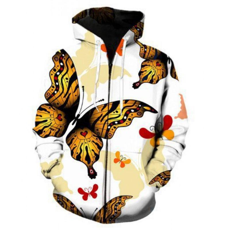 Mens Hooded Zip-Up Sweatshirt With 3D Butterfly Print Stand-Up Collar Front Patch Pockets Loose Fit Fall Casual Wear