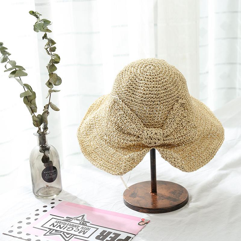 Simple small edge straw hat women's summer casual basin hat bow basin hat travel crochet foldable sunshade sun hat