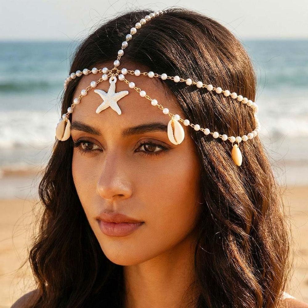 Ocean Style Bohemian Hair Chain Starfish Beaded Head Piece Boho Head Chain  Summer Vacation