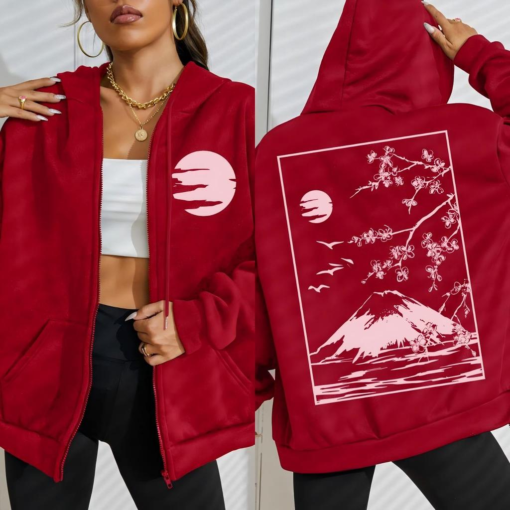 Tokyo Sakura Mount Fuji Business Card Pattern Women Zipper Hoodie Hip Hop Loose Hoody Soft Casual Clothes Fleece Hoodies