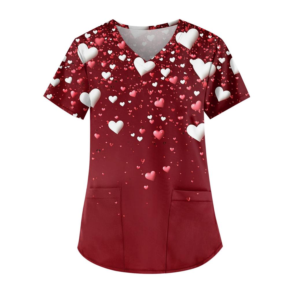 Women's Cute Printed Work Clothes V-neck Double Layer Pockets Basic Short Sleeve Top Pullover Christmas