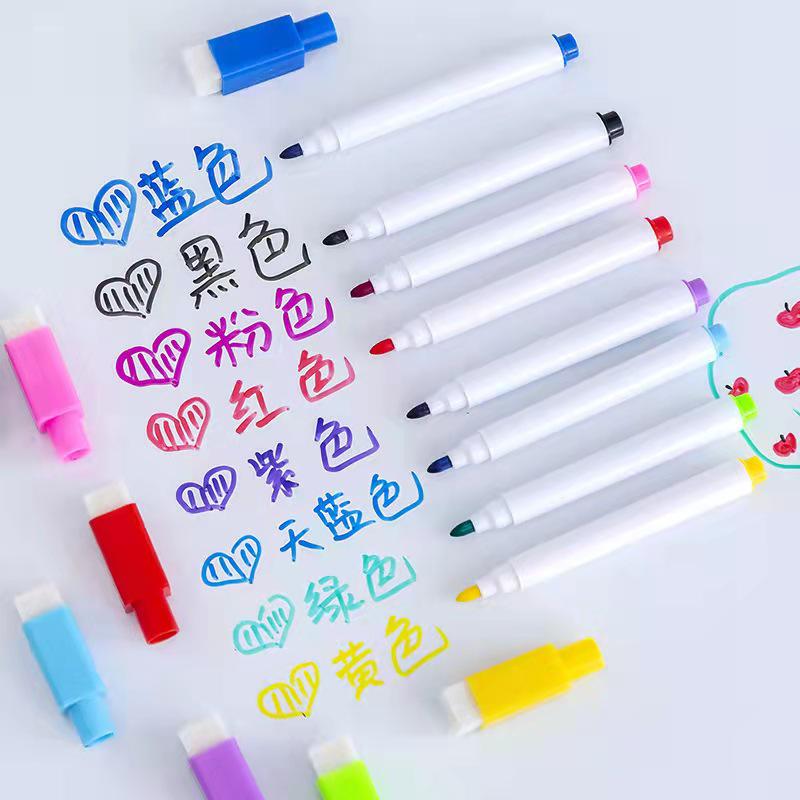 Set of 8 Colorful Erasable Whiteboard Markers with Magnetic Eraser, Water-Based, Small Size Ideal for Doodling
