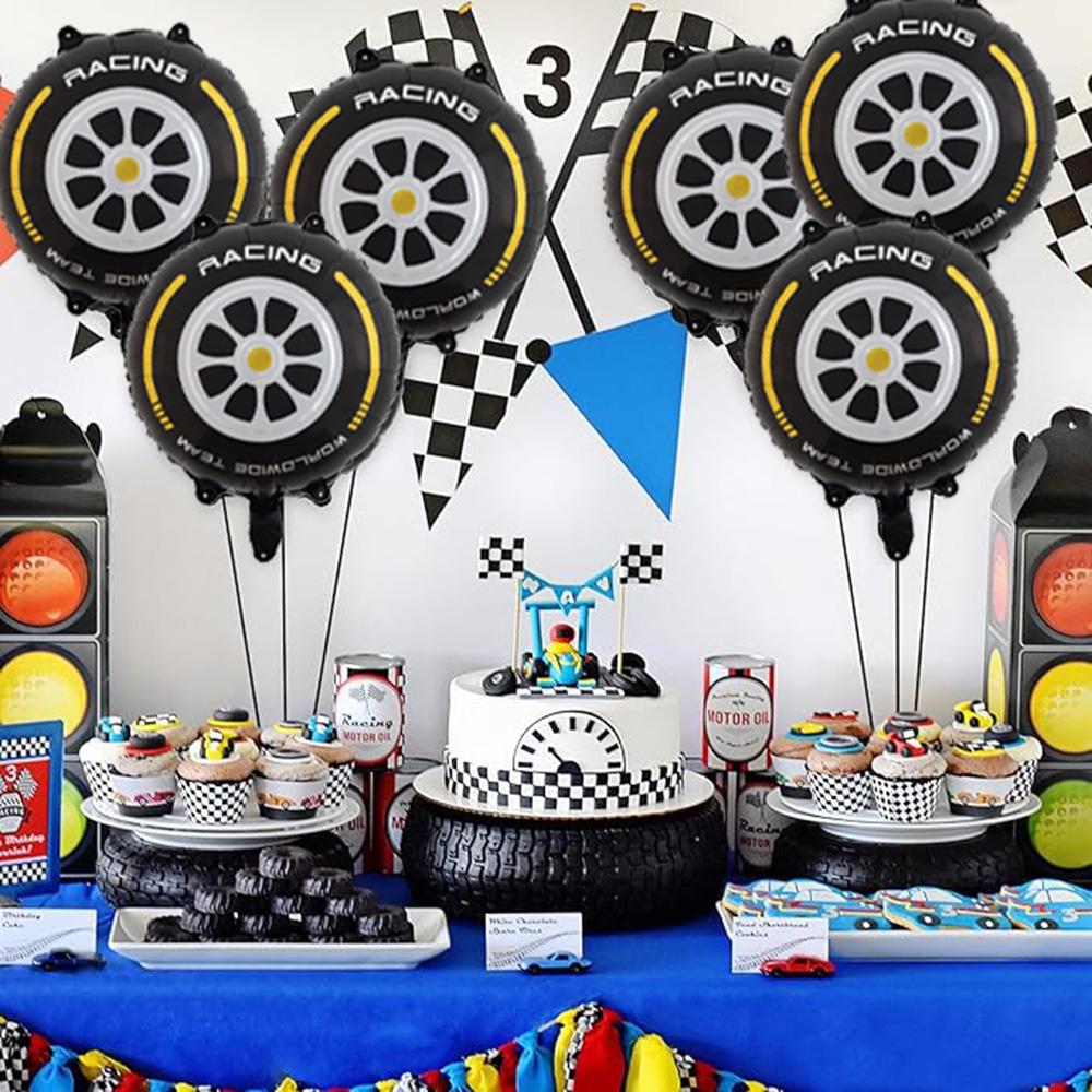 5-teiliges Set von 18-Zoll-Aluminiumfolienballons in Reifenform mit goldenem Rand, geeignet für große Partydekorationen zum Thema Autorennen und